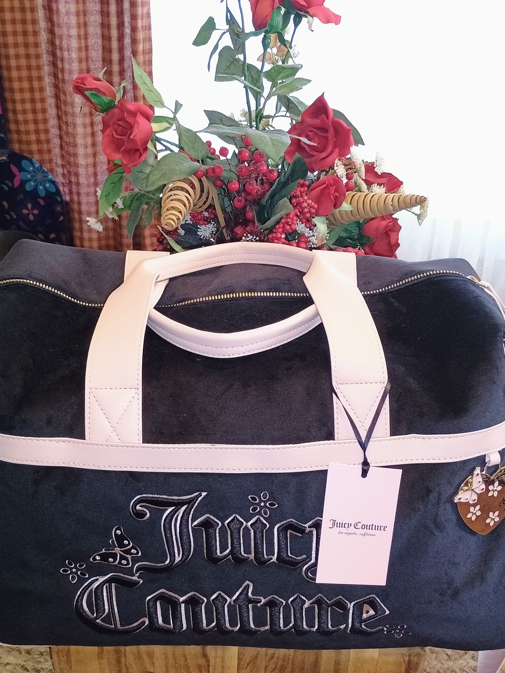 Juicy Couture Black Velvet Weekender Duffle with Light Pink Trim